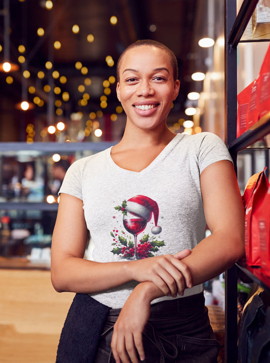 Wine Glass Santa Hat V - Neck T-Shirt - ThingsThatMakeSense